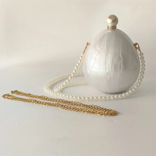 Pearl White Egg Acrylic Box Oval Bridal Messenger Clutch Bag