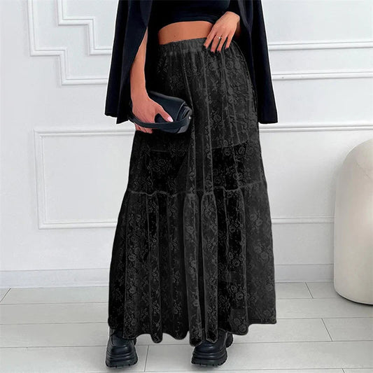 See Through Floral Lace Elastic High Waist A-Line Long Skirt Vacation Party