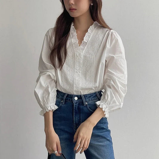 Lantern Sleeve Ruffles V-Neck Cotton Boho Office Bloshope