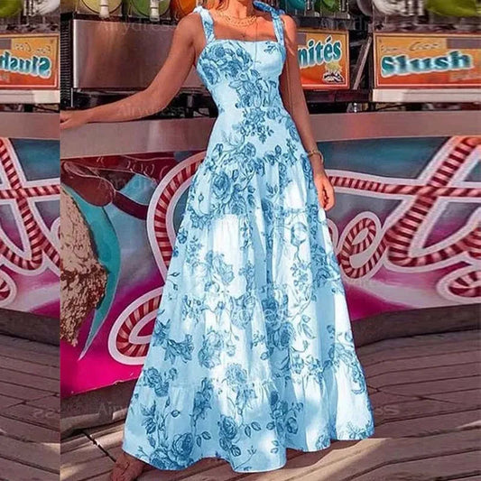 Floral Spaghetti Strap High Waist Maxi Dress