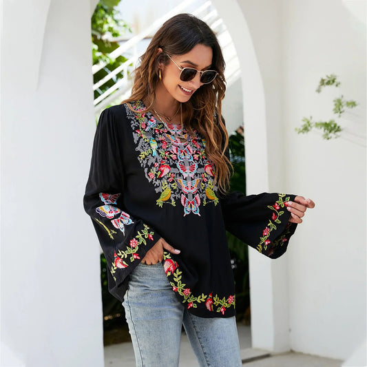 Oversize Floral Embroidery Loose Cotton Boho Bloshope