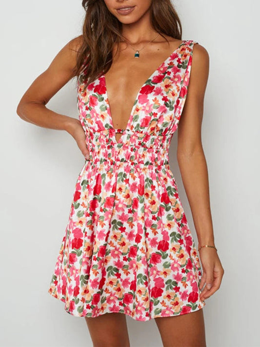 Sexy Backless V-neck Flower Print Mini Floral Dress