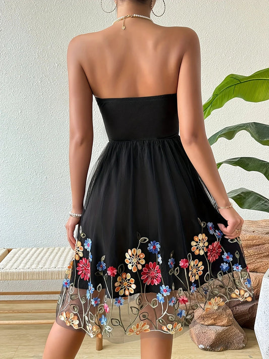Embroidered Mesh Floral Strapless Vintage Floral Dress