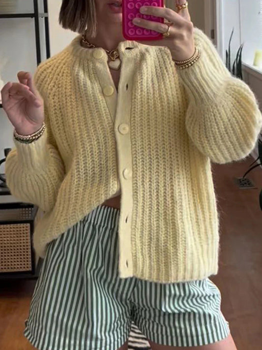 Loose Solid Crew Neck Button Cardigan