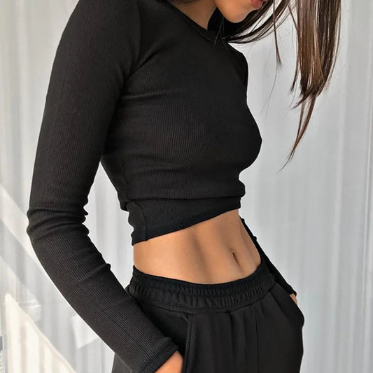 Ribbed Sexy Cropped Slim Fit Long Sleeve Knit Top