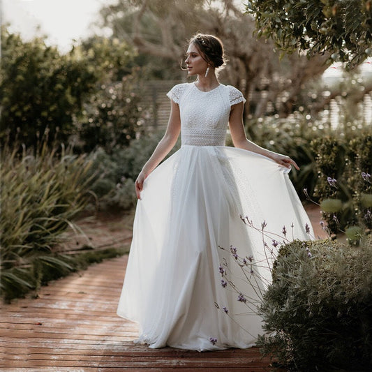 Short Sleeve A-Line Chiffon Wedding Dress
