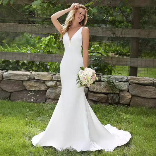 V-Neck Satin Mermaid Bridal Wedding Dress
