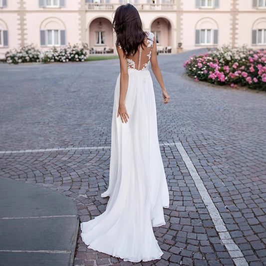 U-Neck Long Sleeve Backless Wedding Dress