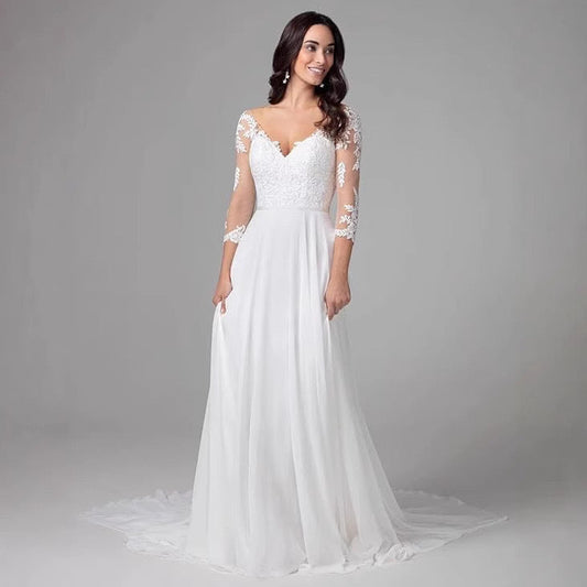 Deep V-Neck Long Sleeve Evening Wedding Dress