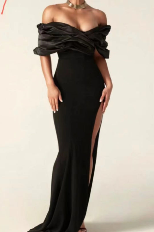 Off Shoulder Ruched Slit Satin Maxi Prom Dress