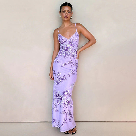 Elegant V-neck Floral Purple Cami Bodycon Maxi Dress