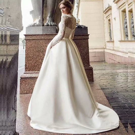 Round Neck Lace Satin Wedding Dress