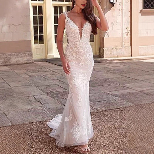 V-Neck Lace Mermaid Bridal Wedding Dress