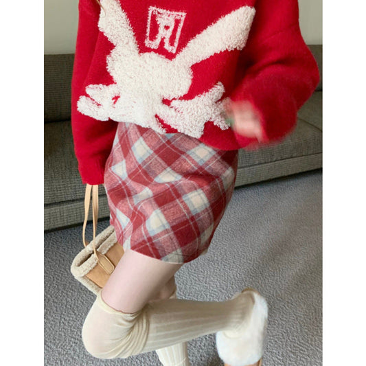 Plus Size Wool Plaid High Waist Skirt