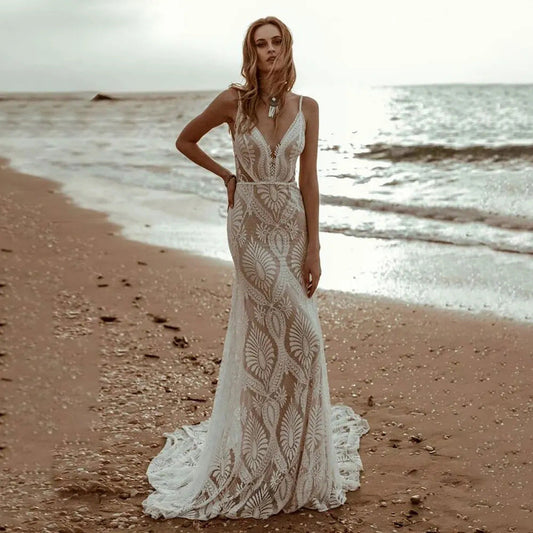 Deep V-Neck Lace Mermaid Wedding Dress
