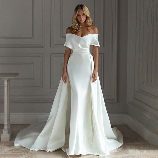 Off-Shoulder Satin Tail Wedding Dress