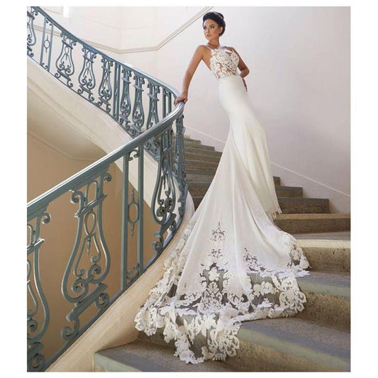 Strapless Deep V-Neck Long Train Wedding Dress