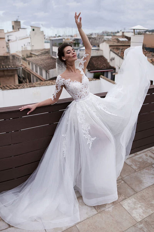 French V-Neck Long Sleeve Wedding Dress