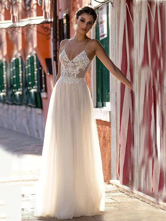 Deep V-Neck Sheer Tulle Wedding Dress