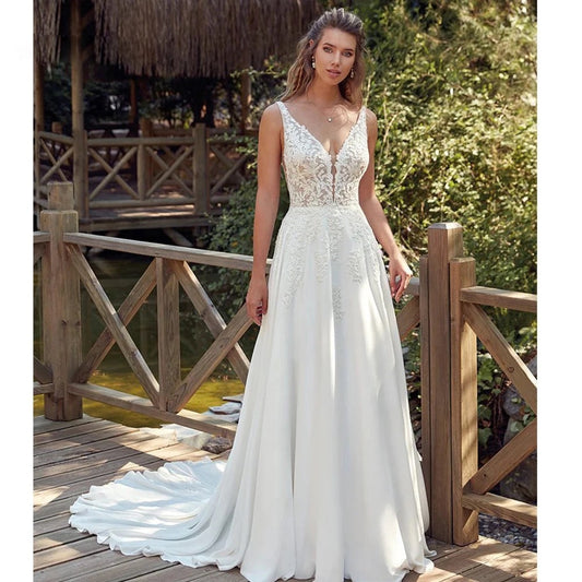 Double Strap Deep V-Neck Lace Wedding Dress
