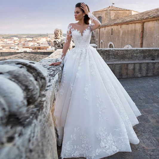 Round Neck Long Sleeve Sheer Wedding Dress