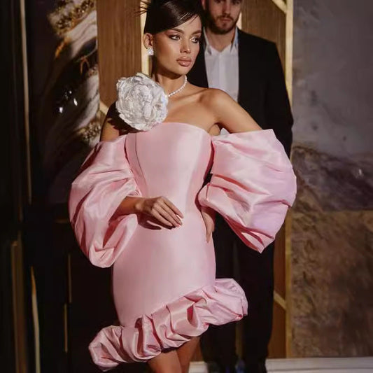 Bshoptier High Waist Lantern Sleeve Short Prom Dress