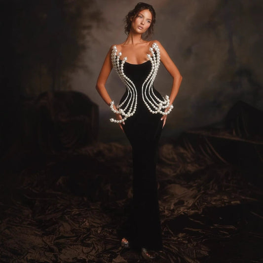 3D Pearl Strapless Bandage Prom Dress