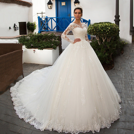 Round Neck Long Sleeve Lace Wedding Dress
