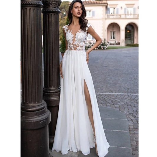 U-Neck Long Sleeve Backless Wedding Dress