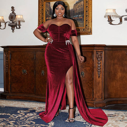 Velvet One Shoulder Slit Floor Length Prom Dress