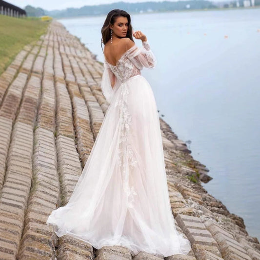 Strapless Bubble Sleeve Sheer Wedding Dress