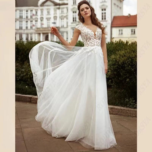 Double Strap Lace V-Neck Wedding Dress
