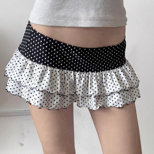 Polka Dot Patchwork Color Block Cute Tiered Slim Mini Skirt