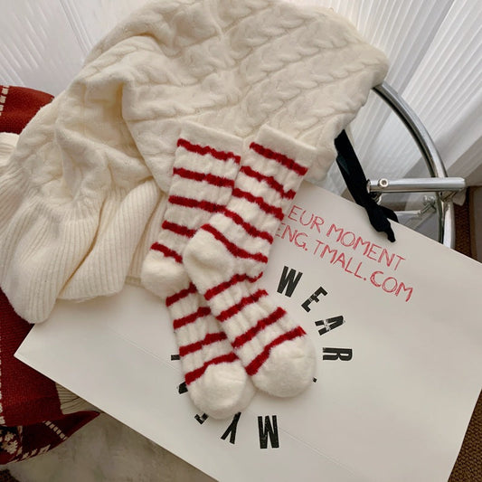 Red Striped Cashmere Blend Warm Mid Calf Socks