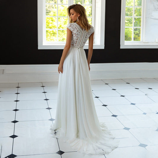 V-Neck A-Line Chiffon Bridal Wedding Dress