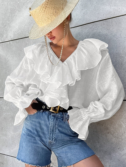 Drop Shoulder Ruffled Cotton Bloshope