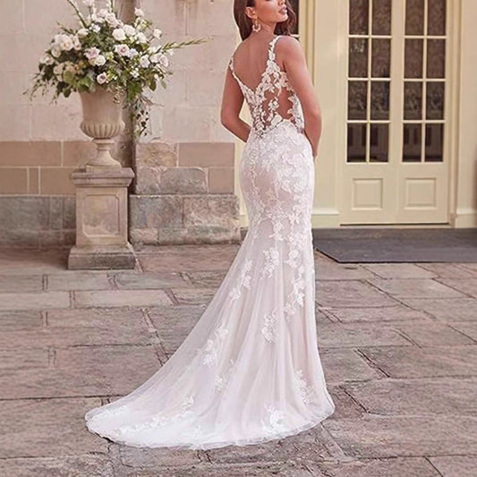 V-Neck Lace Mermaid Bridal Wedding Dress