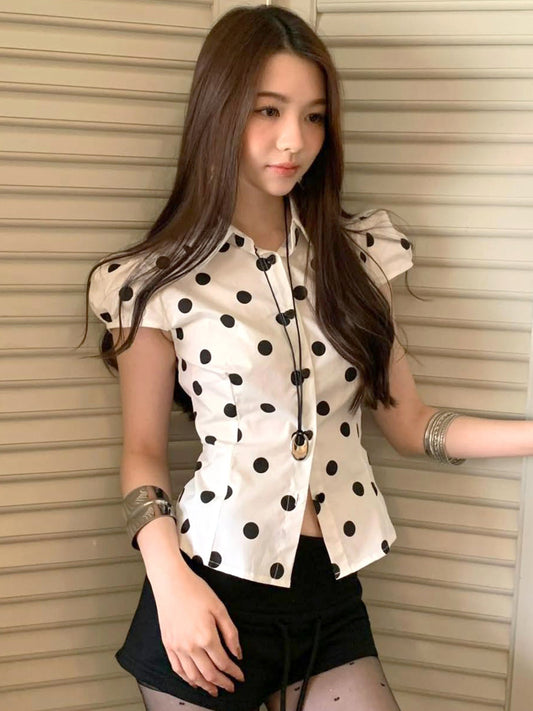 Vintage Polka Dot Print Short Sleeve Loose Versatile Blouse