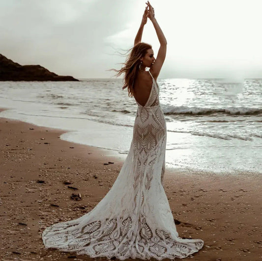 Deep V-Neck Lace Mermaid Wedding Dress