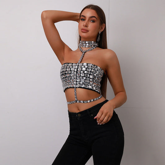 Halter Beaded Lace-Up Bandage Crop Prom Dress