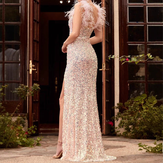 Feather Red High Waist Prom Dress