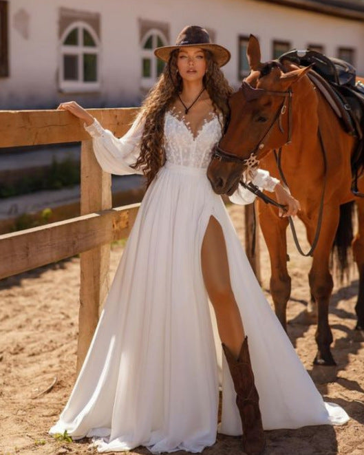 Long Sleeve V-Neck Lace Wedding Dress