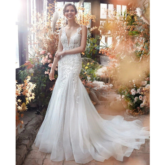 Deep V-Neck Satin Mermaid Wedding Dress