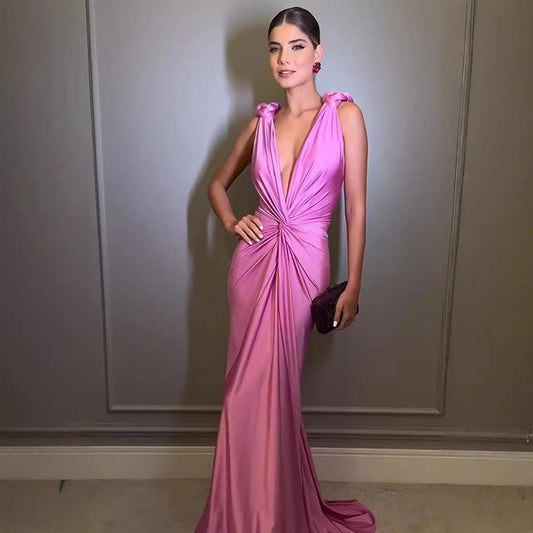 Deep V Sleeveless Backless Solid Color Prom Dress