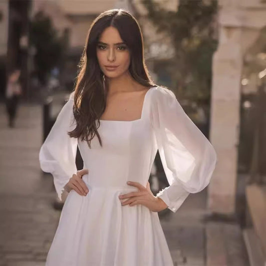 Satin Chiffon Sleeve Backless Wedding Dress