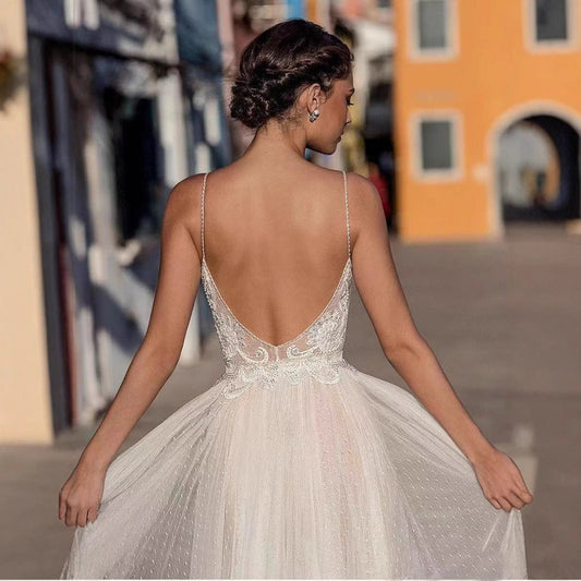 Deep V-Neck Sheer Tulle Wedding Dress