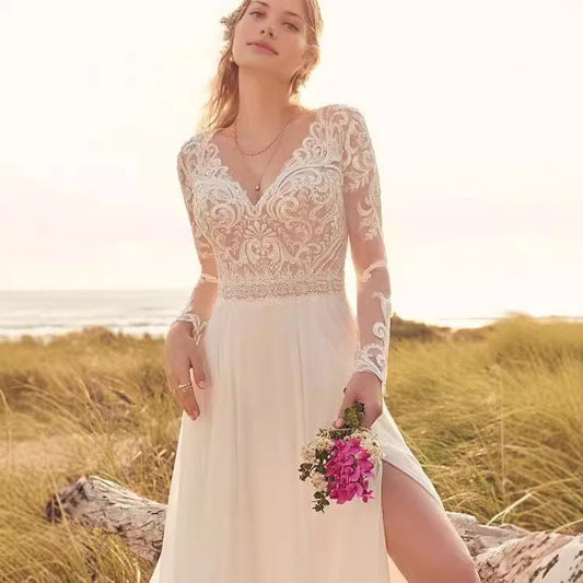 Long Sleeve Sheer Tulle Bridal Wedding Dress