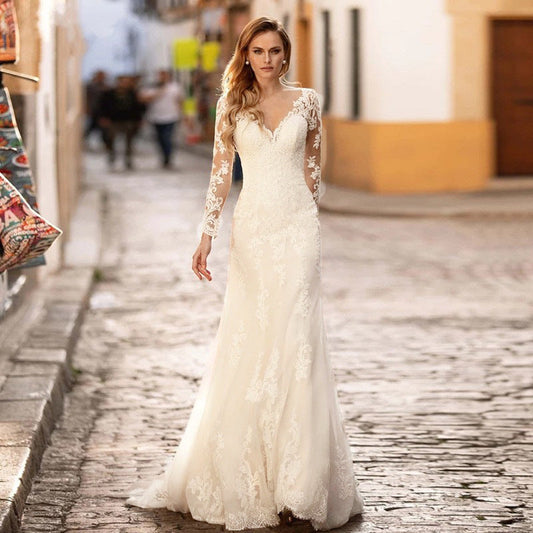 Deep V-Neck Backless Sheer Wedding Dress