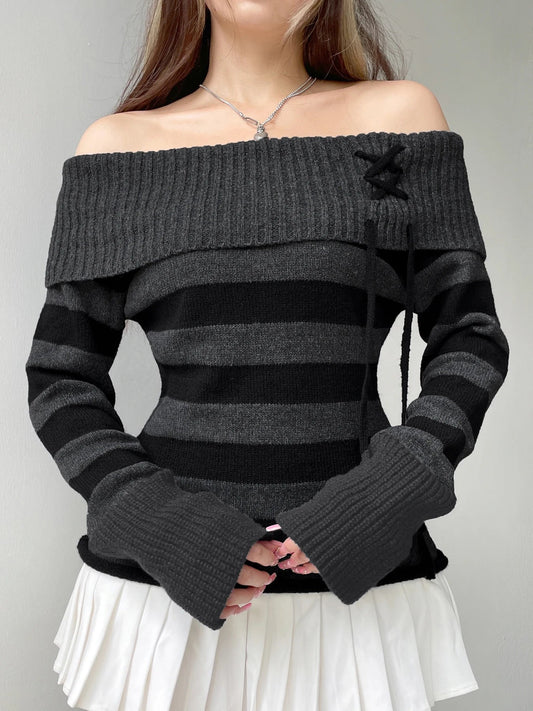 Off Shoulder Slim Knitted Striped Sweater