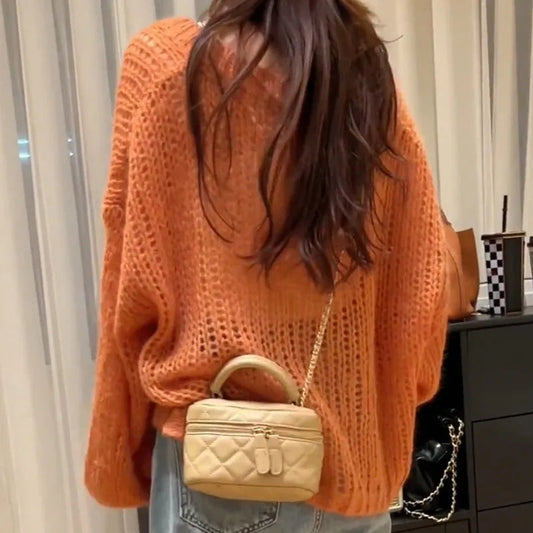 Orange Lantern Sleeve Open Stitch Loose Spring Cardigan